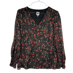 Anne Klein Women's Black Printed V-Neck Long-Sleeve Smocked-Cuff Top Size Large